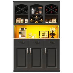 Merax Black Tall Kitchen Buffet Cabinet with LED, 3 Drawers & Wine Rack - thumbnail 7