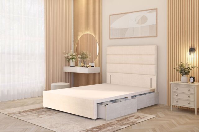 Somnior Chambery Divan Bed Frame 4 Draw with Floor Standing Headboard Velvet in Ivory - Size: King - image 1