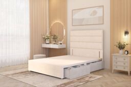 Somnior Chambery Divan Bed Frame 4 Draw with Floor Standing Headboard Velvet in Ivory - Size: King