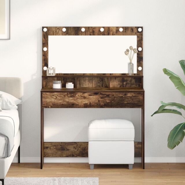 Berkfield Home Makeup Table with LED Lights in Smoked Oak - 100x41x135 cm in Brown - Size: 100 x 41 x 135 cm - image 1