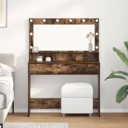 Berkfield Home Makeup Table with LED Lights in Smoked Oak - 100x41x135 cm in Brown - Size: 100 x 41 x 135 cm - thumbnail 1