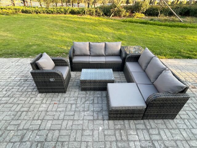 Fimous Rattan Outdoor Garden Furniture Sofa Set Patio Table & Chairs Set with 3 Seater Sofa Reclining Chair 3 Seater Sofa Big Footstool Side Table - image 1