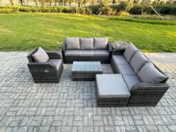 Fimous Rattan Outdoor Garden Furniture Sofa Set Patio Table & Chairs Set with 3 Seater Sofa Reclining Chair 3 Seater Sofa Big Footstool Side Table - thumbnail 1