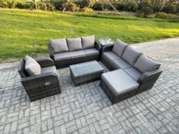 Fimous Rattan Outdoor Garden Furniture Sofa Set Patio Table & Chairs Set with 3 Seater Sofa Reclining Chair 3 Seater Sofa Big Footstool Side Table - thumbnail 2