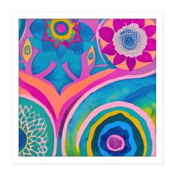"Artery8 Wall Art Print Bright Bold Modern Abstract Floral Watercolour Mandala Square Framed Picture 16X16 Inch in White - Size: W16"" x H16""" - thumbnail 1
