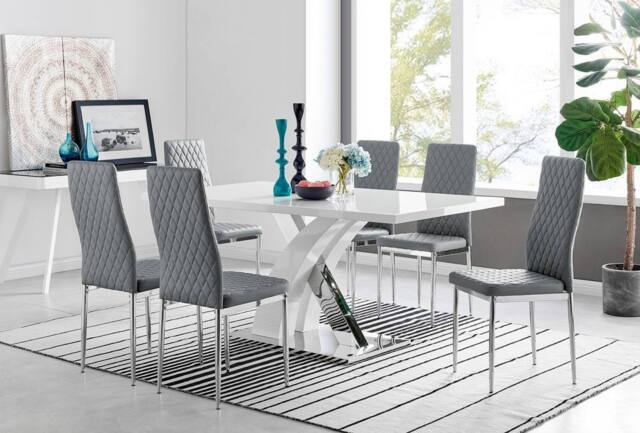 FurnitureboxUK Atlanta Modern Rectangle Chrome Metal High Gloss White Dining Table & 6 Milan Chairs Set in Grey - image 1