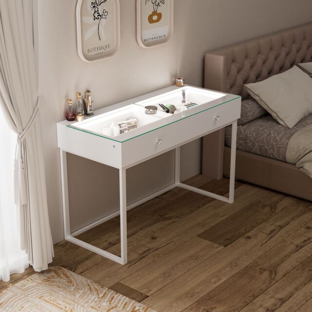 FENCHILIN Dressing Table with 2 Drawers & Lights Hollywood Makeup Vanity Desk in White - image 1