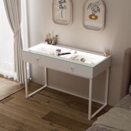 FENCHILIN Dressing Table with 2 Drawers & Lights Hollywood Makeup Vanity Desk in White - thumbnail 2