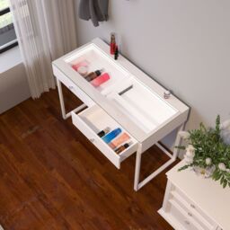 FENCHILIN Dressing Table with 2 Drawers & Lights Hollywood Makeup Vanity Desk in White - thumbnail 3