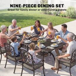 OUTSUNNY 9 Piece Cast Aluminium Garden Dining Set with Cushions, Bronze Tone - thumbnail 4