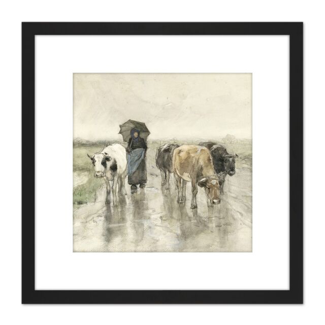 Artery8 Mauve Herdess With Cows Country Road Rain Painting 8X8 Inch Square Wooden Framed Wall Art Print Picture with Mount in Black - image 1