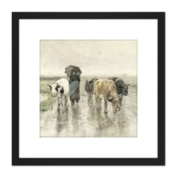 Artery8 Mauve Herdess With Cows Country Road Rain Painting 8X8 Inch Square Wooden Framed Wall Art Print Picture with Mount in Black - thumbnail 1