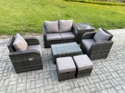 Fimous Rattan Outdoor Furniture Set Garden Love Sofa Coffee Table 2 Armchair Side Table 2 Small Footstools Dark Grey Mixed - thumbnail 2