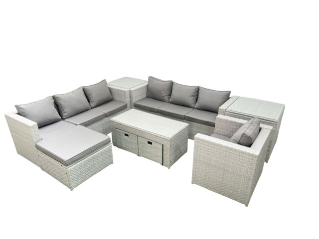 Fimous Wicker PE Rattan Sofa Garden Furniture Set with Oblong Coffee Table Armchair 3 Footstools 2 Side Tables Light Grey Mixed - image 1