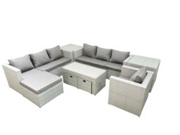 Fimous Wicker PE Rattan Sofa Garden Furniture Set with Oblong Coffee Table Armchair 3 Footstools 2 Side Tables Light Grey Mixed - thumbnail 2