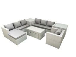 Fimous Wicker PE Rattan Sofa Garden Furniture Set with Oblong Coffee Table Armchair 3 Footstools 2 Side Tables Light Grey Mixed - thumbnail 1