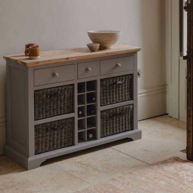 Statement Furniture Florence Sideboard with Wine Rack, 3 Drawers & Storage Baskets in Light Grey - image 1