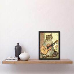 Artery8 Street Musician Cat with Guitar by Flower Pattern Mural Pastel Watercolour Illustration Artwork Framed Wall Art Print A4 in Black - thumbnail 2