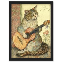 Artery8 Street Musician Cat with Guitar by Flower Pattern Mural Pastel Watercolour Illustration Artwork Framed Wall Art Print A4 in Black - thumbnail 1