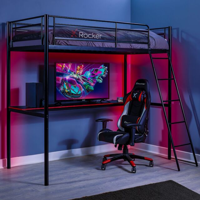 X Rocker HQ High Sleeper Bunk Bed with Large Desk & Ladder in Black - Size: Single - image 1