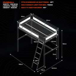 X Rocker HQ High Sleeper Bunk Bed with Large Desk & Ladder in Black - Size: Single - thumbnail 6