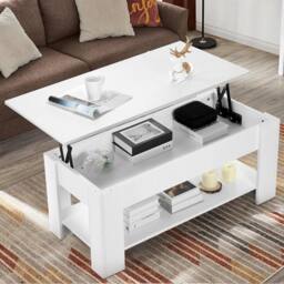 KORVIXA Coffee Table With Storage Lift Top Up Drawer Shelf Living Room in White - Size: 100 cm x 100 cm