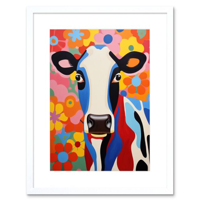 Artery8 Wall Art Print Colourful Cow Bright Bold Floral Portrait Acrylic Painting Vibrant Folk Art Flower Artwork Friesian Kids Bedroom Artwork - image 1