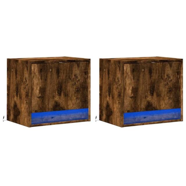 Berkfield Home Durable Wall-mounted Bedside Cabinets with LED Lights 2 pcs Smoked Oak in Brown - image 1