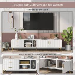 Merax Modern White Fluted TV Stand with Gold Legs for TVs up to 80 Inches - thumbnail 3