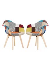Life Interiors Set of 2 Patchwork Fabric Upholstered Accent Chairs with Wooden Legs, Mid-Century Modern Armchair - thumbnail 1