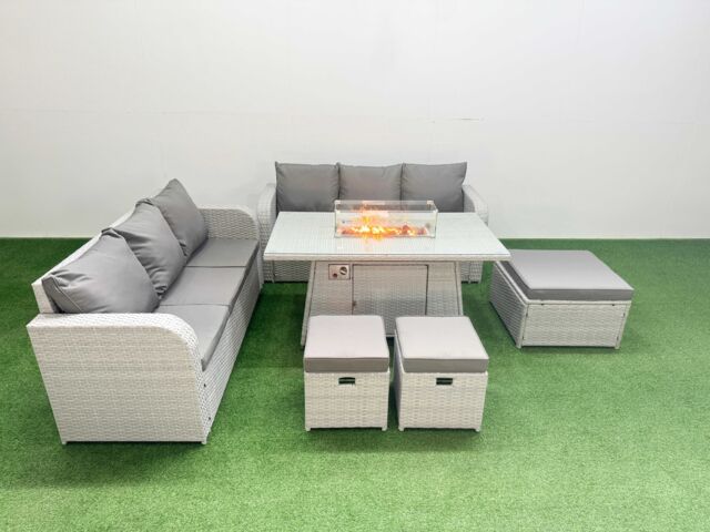 Fimous Outdoor Garden Furniture Sets 9 Seater Wicker Rattan Furniture Sofa Sets with Firepit Dining Table high Back Lounge Sofa 3 Stools Light Grey - image 1