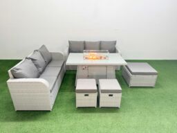 Fimous Outdoor Garden Furniture Sets 9 Seater Wicker Rattan Furniture Sofa Sets with Firepit Dining Table high Back Lounge Sofa 3 Stools Light Grey - thumbnail 1