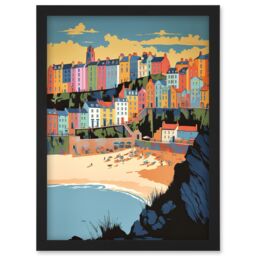 Artery8 Tenby Castle Beach Coastal Town Summer in Wales Artwork Framed Wall Art Print A4 in Black - thumbnail 1
