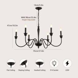 NIVOR Country 95cm Candle-Style Chandelier, Adjustable Chain, 6 Lights in Black - thumbnail 2