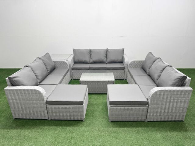 Fimous PE Rattan Lounge Sofa Set 11 Seater Outdoor Garden Furniture Set w/ Rectangular Coffee Table 3 Seater Sofa 2 Big Footstools Side Table Light - image 1