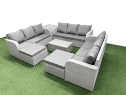 Fimous PE Rattan Lounge Sofa Set 11 Seater Outdoor Garden Furniture Set w/ Rectangular Coffee Table 3 Seater Sofa 2 Big Footstools Side Table Light - thumbnail 2