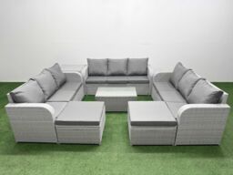 Fimous PE Rattan Lounge Sofa Set 11 Seater Outdoor Garden Furniture Set w/ Rectangular Coffee Table 3 Seater Sofa 2 Big Footstools Side Table Light - thumbnail 1