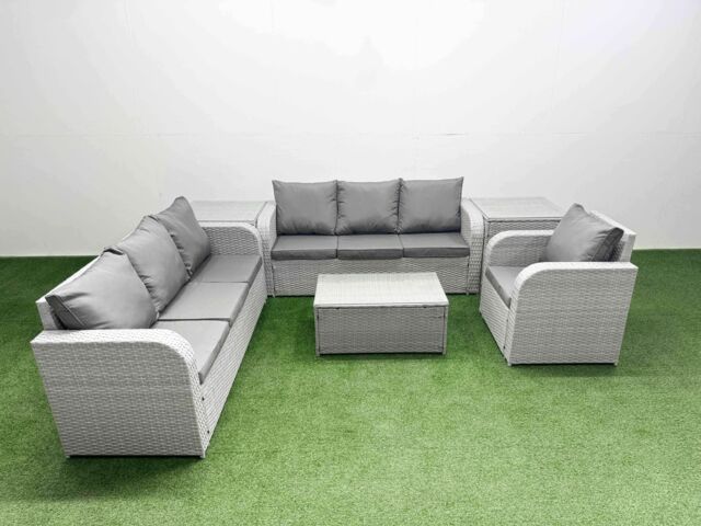 Fimous 7 Seater Poly Rattan Outdoor Garden Furniture Sofa Set Patio 3 Seater Sofa Reclining Chair 3 Seater Sofa 2 Side Table Light Grey - image 1