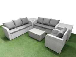 Fimous 7 Seater Poly Rattan Outdoor Garden Furniture Sofa Set Patio 3 Seater Sofa Reclining Chair 3 Seater Sofa 2 Side Table Light Grey - thumbnail 2