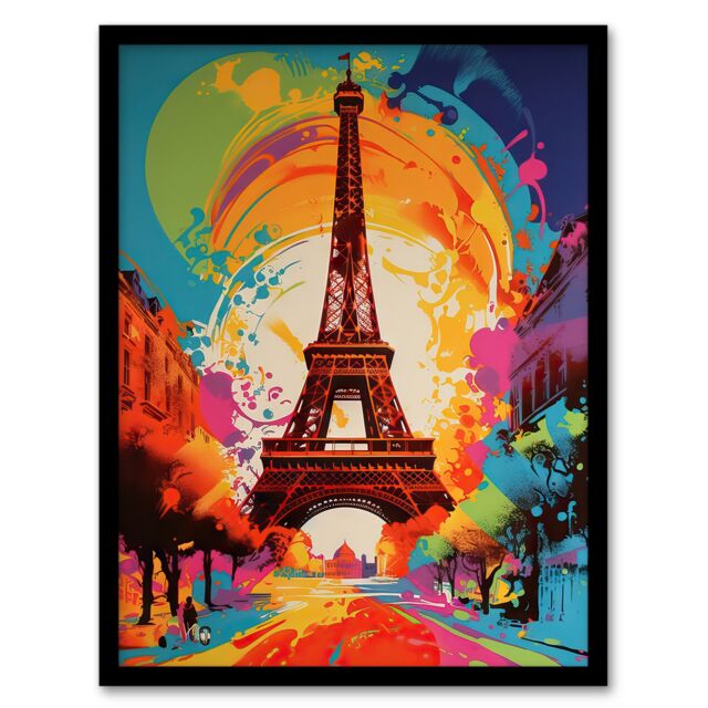 Artery8 Wall Art Print Abstract Paris Eiffel Tower Sunrise Colour Explosion France Monument Vibrant Bold Bright Colourful Painting Art Framed - image 1