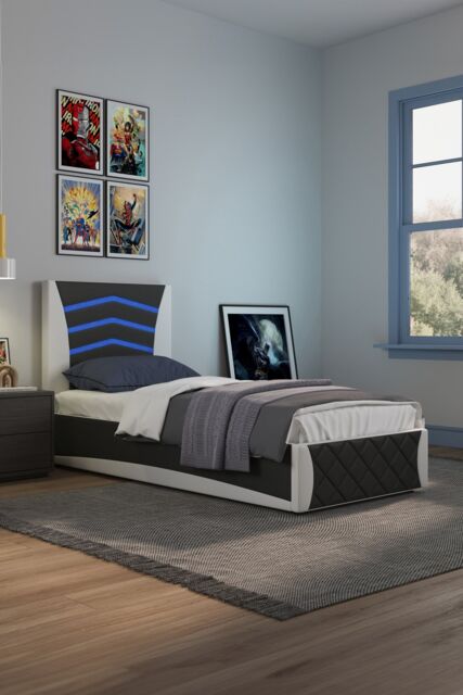 SlumberWorx Galaxy Ottoman Storage LED Headboard Gaming Single Black Bed Frame in White - image 1