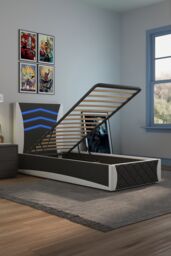 SlumberWorx Galaxy Ottoman Storage LED Headboard Gaming Single Black Bed Frame in White - thumbnail 3
