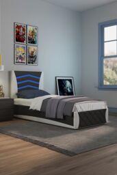 SlumberWorx Galaxy Ottoman Storage LED Headboard Gaming Single Black Bed Frame in White - thumbnail 1