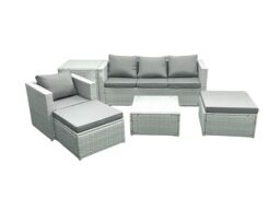 Fimous Garden Outdoor Furniture Set 6 Seater Rattan Sofa Set with 2 Big Footstools Armchair Side Table Light Grey Mixed - thumbnail 1