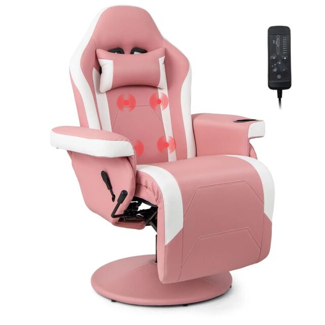 Costway Massage Gaming Chair Height Adjustable Swivel Racing Video Gaming Recliner in Pink - image 1