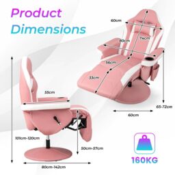 Costway Massage Gaming Chair Height Adjustable Swivel Racing Video Gaming Recliner in Pink - thumbnail 2