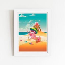 "Warren Reed - Designer Piglet On A Beach Holiday Framed Art Print in White - Size: W16"" x H24""" - thumbnail 1