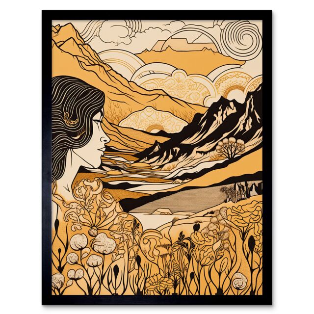 "Artery8 Wall Art Print Earth Goddess Blooming Flowers Mountain Landscape Art Framed in Black - Size: W12"" x H16""" - image 1