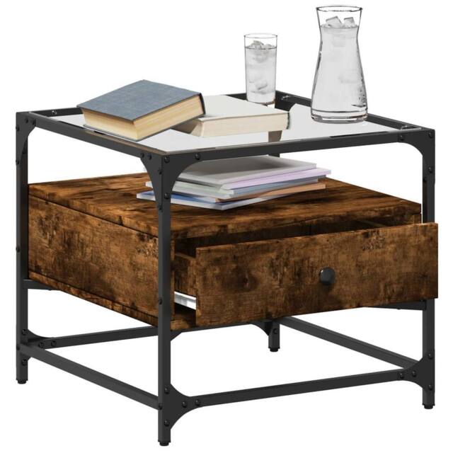Berkfield Home Decorative Coffee Table with Glass Top Smoked Oak 50x50x45 cm Steel in Brown - Size: 50 x 50 x 45 cm - image 1