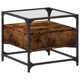 Berkfield Home Decorative Coffee Table with Glass Top Smoked Oak 50x50x45 cm Steel in Brown - Size: 50 x 50 x 45 cm - thumbnail 3